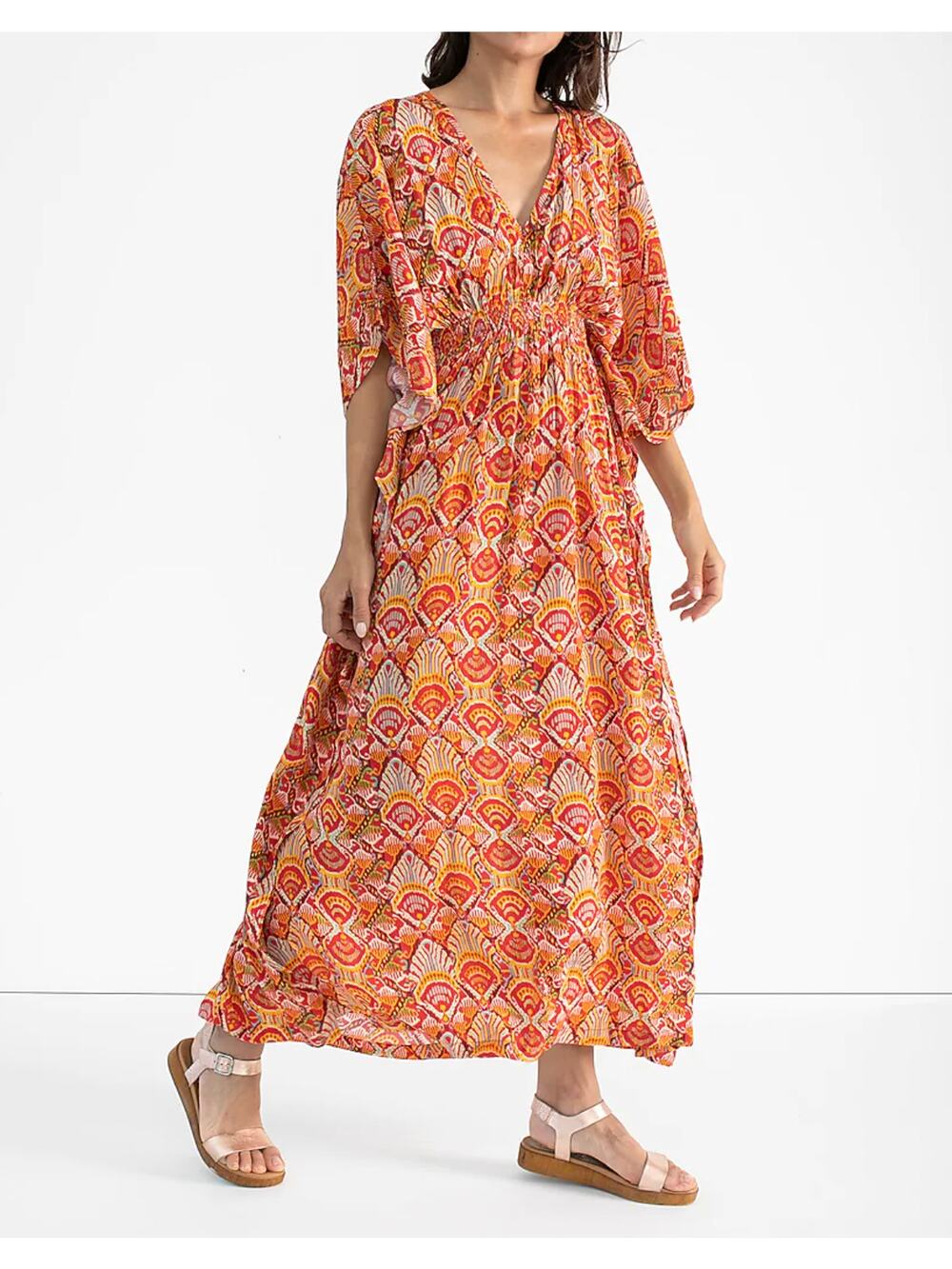 NWT Rujuta Sheth Red Marie Cinch Ikat Kaftan Maxi Dress Size M/L